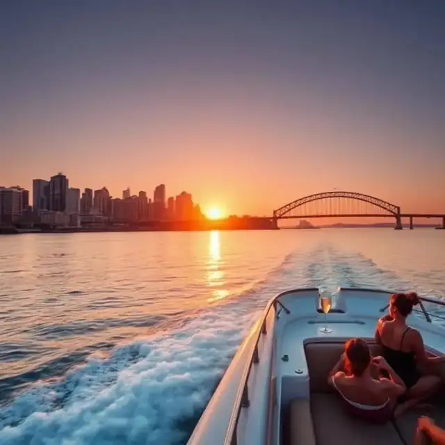 Luxury private yacht cruising San Diego Bay at sunset with downtown skyline and Coronado Bridge