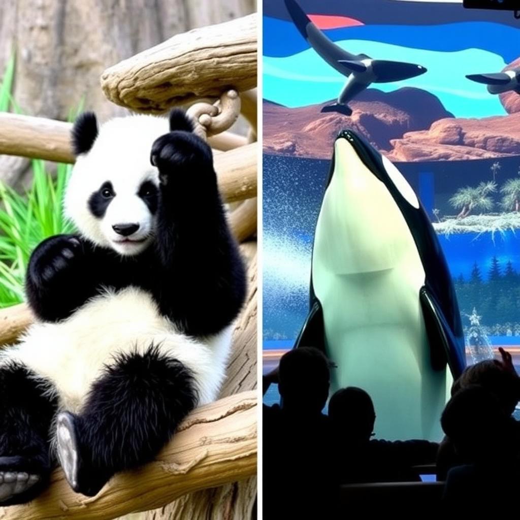 Split image of San Diego Zoo giant panda and SeaWorld San Diego orca show