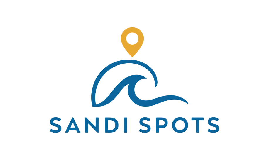 Sandi Spots logo: a blue ocean wave beneath a gold map pin with the Sandi Spots wordmark