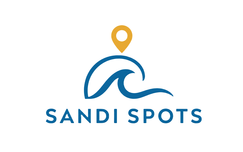 Sandi Spots logo: a blue ocean wave beneath a gold map pin with the Sandi Spots wordmark