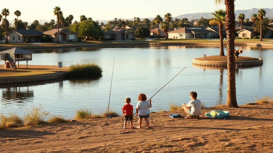 Family fishing beside one of the Santee Lakes at golden hour with palms and suburban homes behind