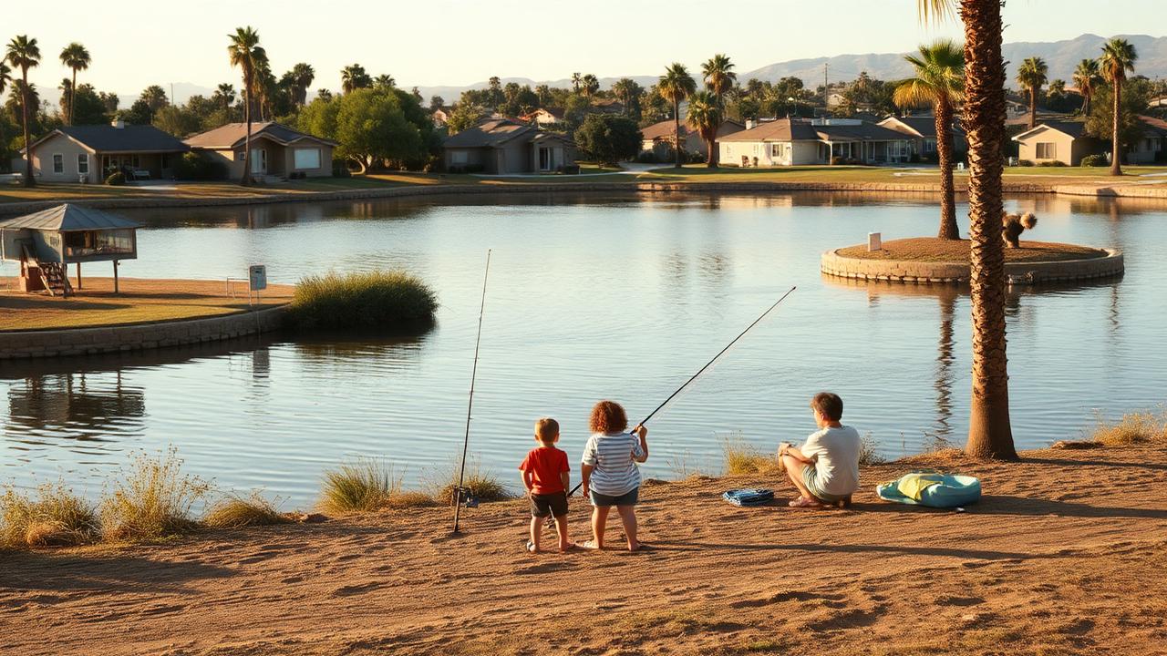 Family fishing beside one of the Santee Lakes at golden hour with palms and suburban homes behind