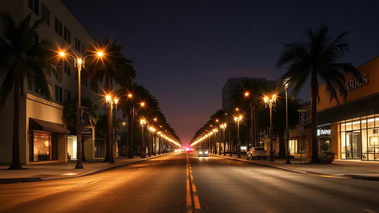 Empty San Diego city street at night lit by streetlights and palm trees