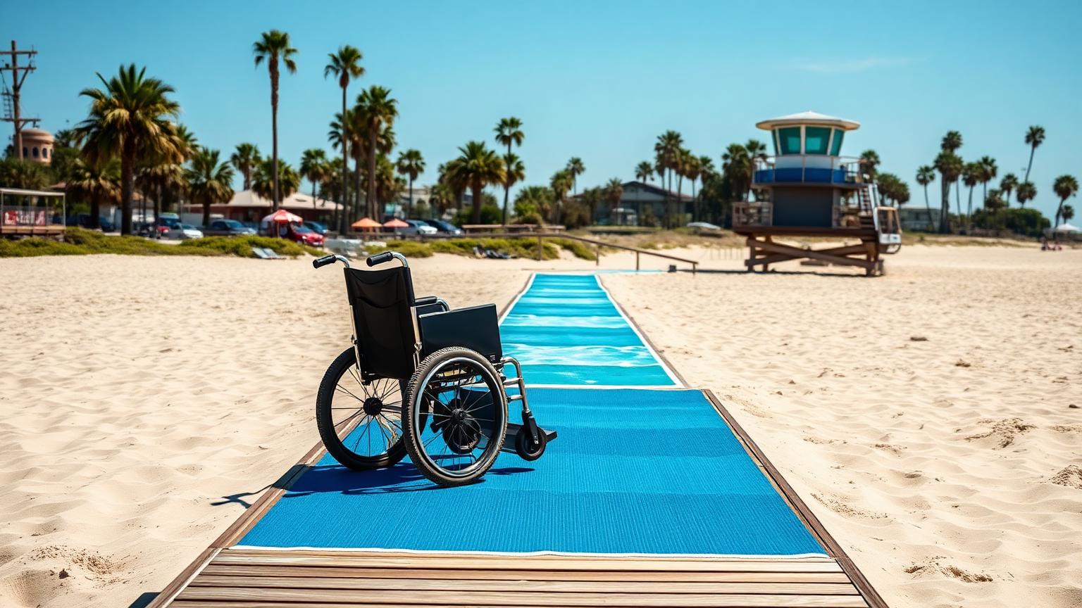 Blue roll-out accessible beach mat crossing the sand toward the ocean in San Diego with a beach wheelchair parked on it and a lifeguard tower behind