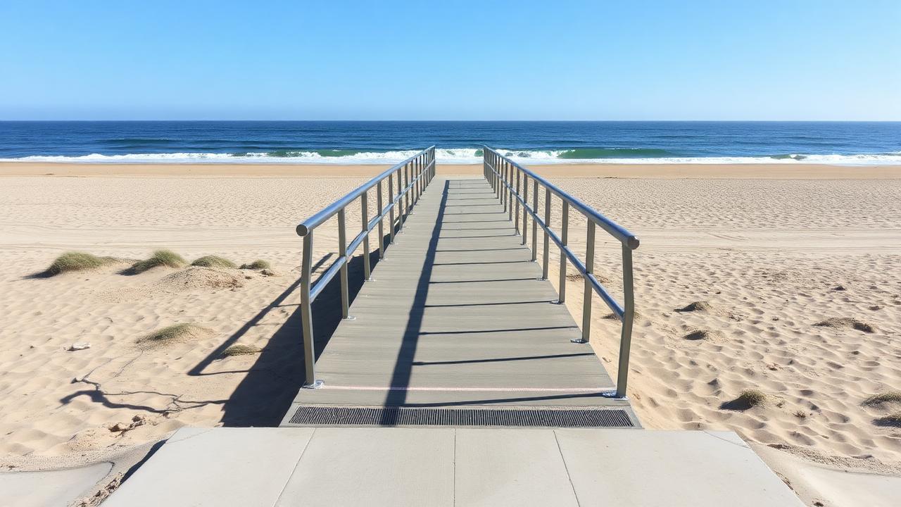 Wide accessible boardwalk ramp leading onto a San Diego beach with the ocean ahead