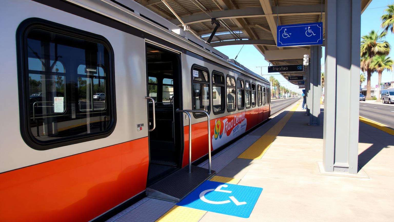 San Diego trolley at a station platform with a level boarding ramp and blue wheelchair accessibility symbols on the platform