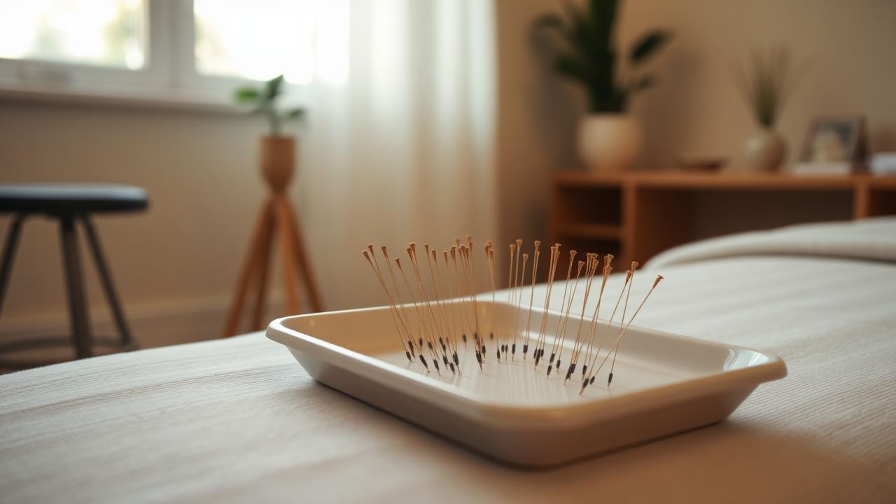 Acupuncture needles on a clean tray in a calm San Diego treatment room with warm natural light