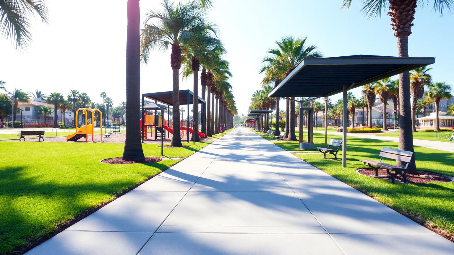 Wide smooth paved accessible pathway through a San Diego park with an inclusive playground, shade structures, benches, and palm trees