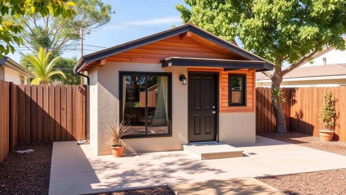 Modern detached backyard accessory dwelling unit with stucco and wood siding in a San Diego yard