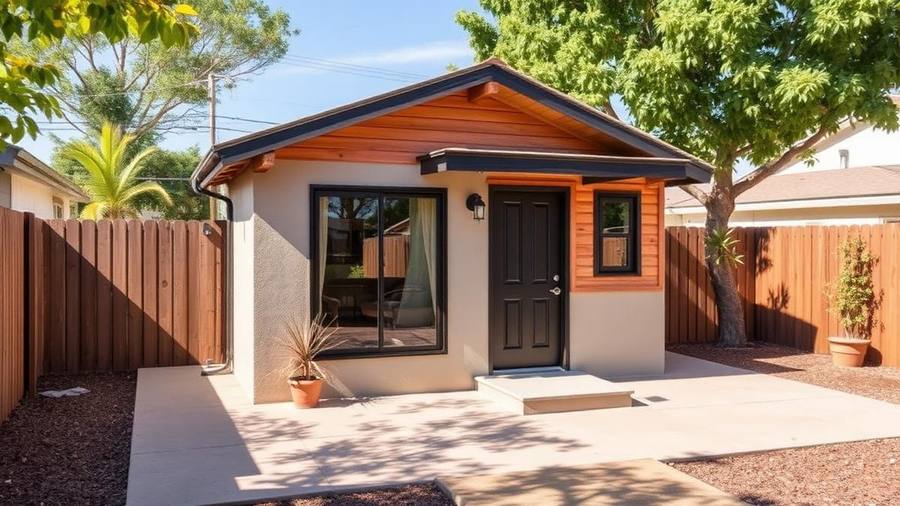 Modern detached backyard accessory dwelling unit with stucco and wood siding in a San Diego yard