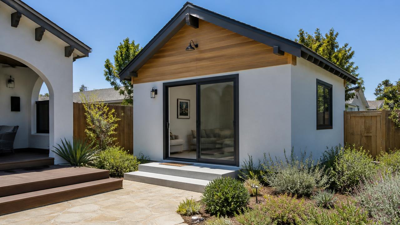 Newly built detached backyard accessory dwelling unit behind a California bungalow with drought-tolerant landscaping
