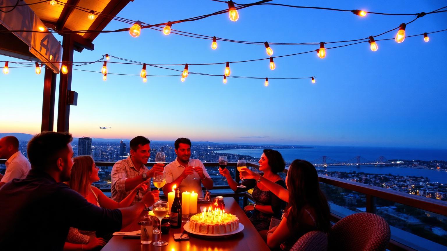 Friends toasting at an adult birthday party on a San Diego rooftop bar at sunset