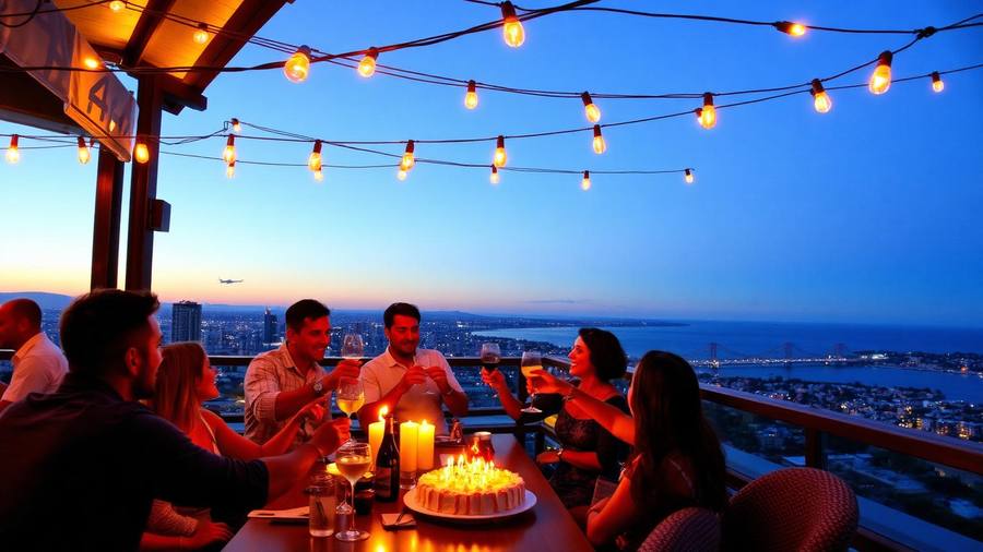 Friends toasting at an adult birthday party on a San Diego rooftop bar at sunset