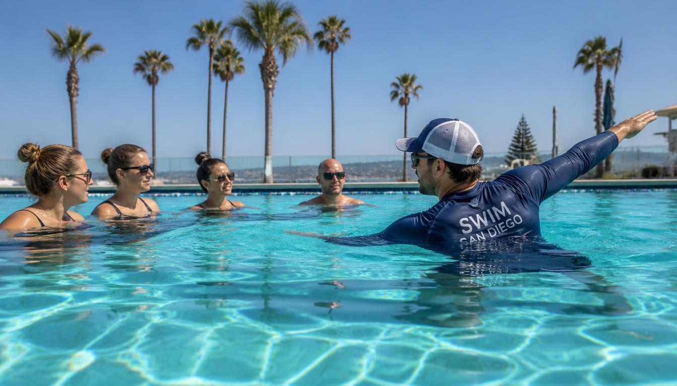 Adults practicing swim strokes in a sunny outdoor San Diego pool with an instructor