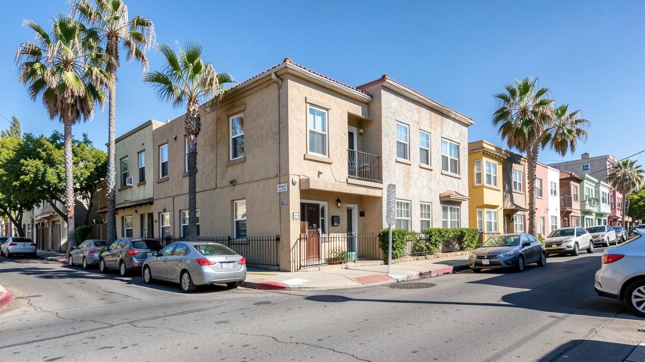 San Diego apartment building where roommates share a rental unit, with palm trees and street parking