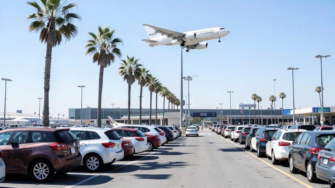 Cars queued at a San Diego airport lot with the terminal roadway beyond