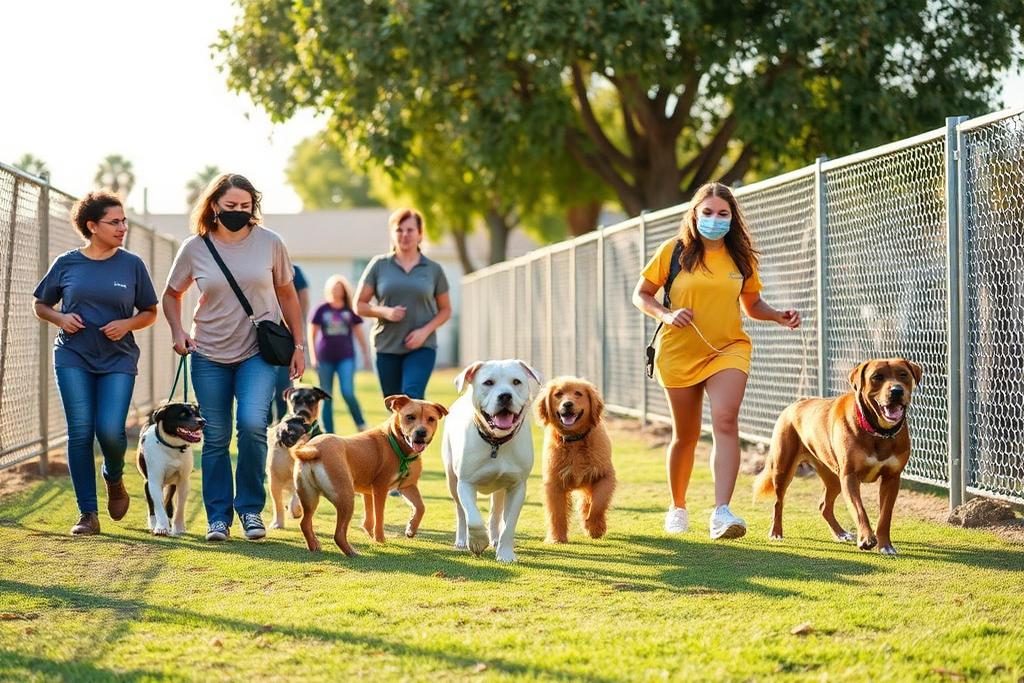 Volunteers walking happy rescue dogs at a sunny San Diego animal shelter