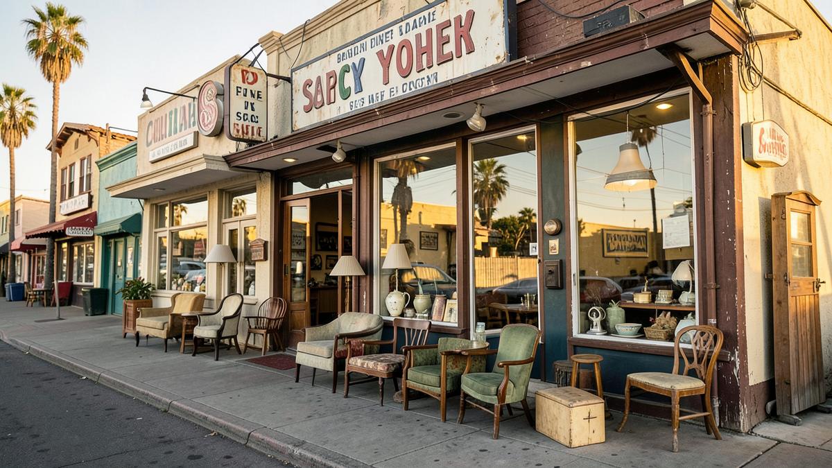 Antique shop storefront in Ocean Beach San Diego with vintage furniture displayed on the sidewalk