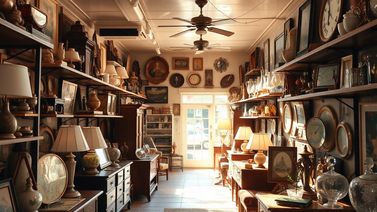 Sunlit San Diego antique shop interior with vintage lamps, framed maps and glassware on crowded shelves