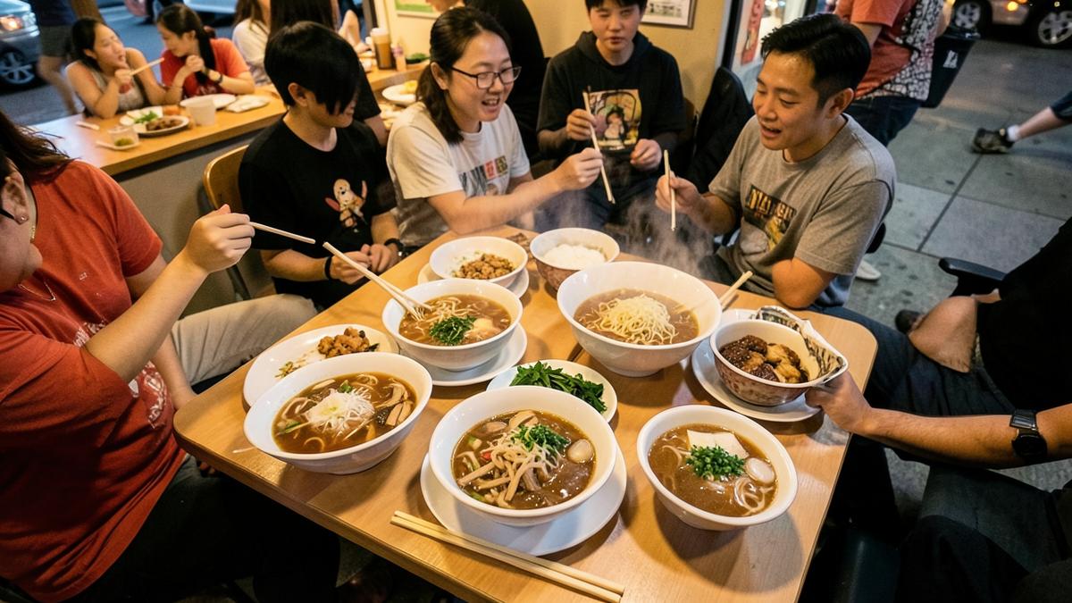 Bowl of Vietnamese pho with rare beef, rice noodles and fresh herbs at a San Diego noodle house