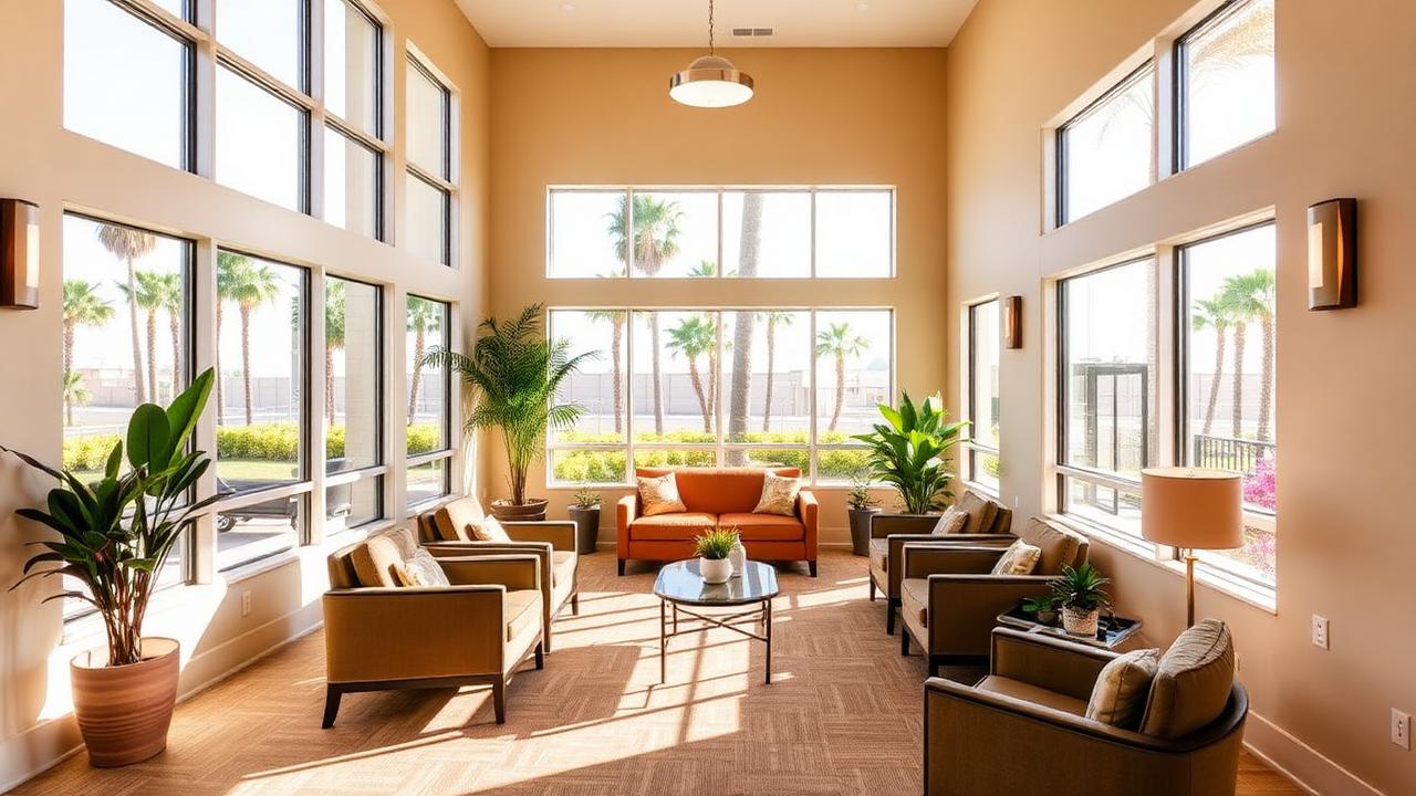 Sunlit assisted living community common room with armchairs, plants, and large windows facing palm trees in San Diego