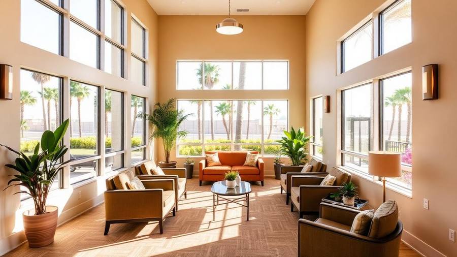 Sunlit assisted living community common room with armchairs, plants, and large windows facing palm trees in San Diego