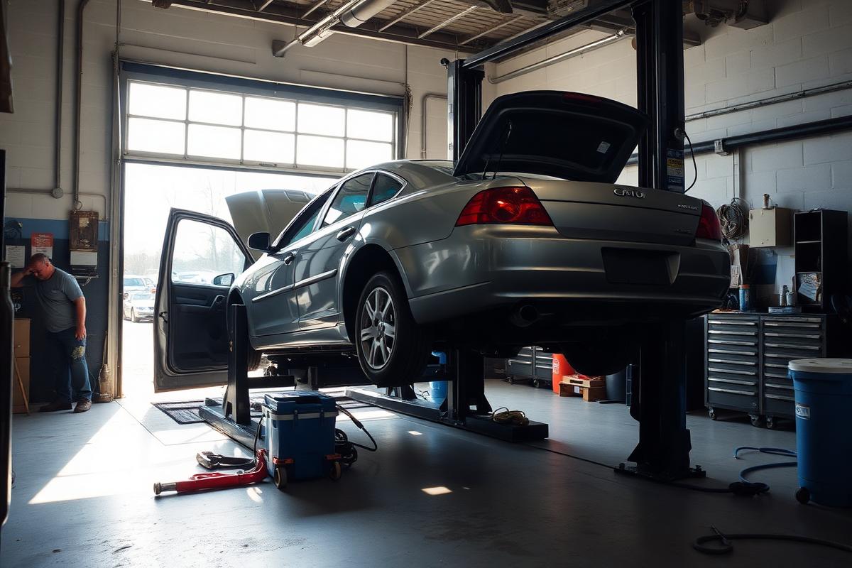 Mechanic working under a raised car on a lift inside a clean independent auto repair shop