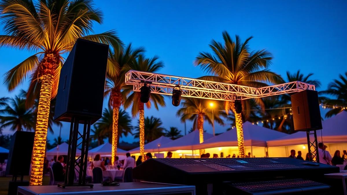 Event sound system with line array speakers, lighting truss, and a mixing console at an outdoor San Diego venue