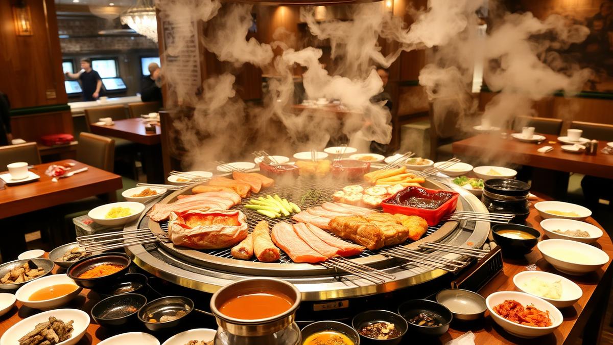 All-you-can-eat Korean barbecue table in San Diego with grilling meats and side dishes
