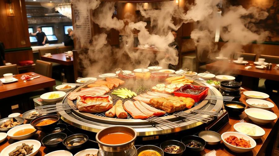 All-you-can-eat Korean barbecue table in San Diego with grilling meats and side dishes