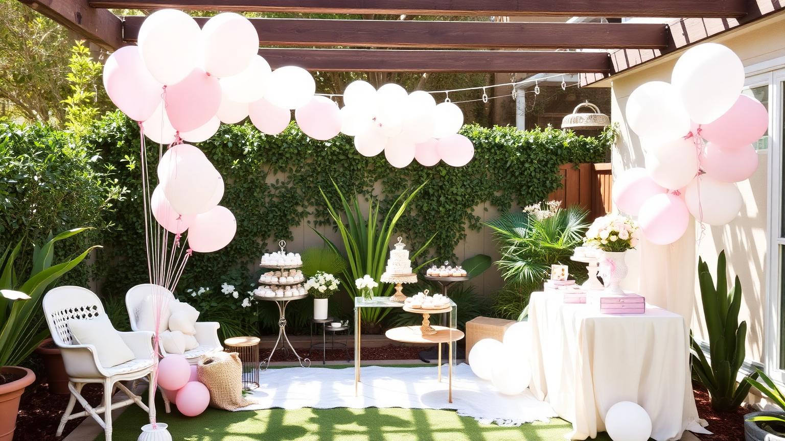 Baby shower setup on a sunny San Diego garden patio with pastel balloons and a dessert table