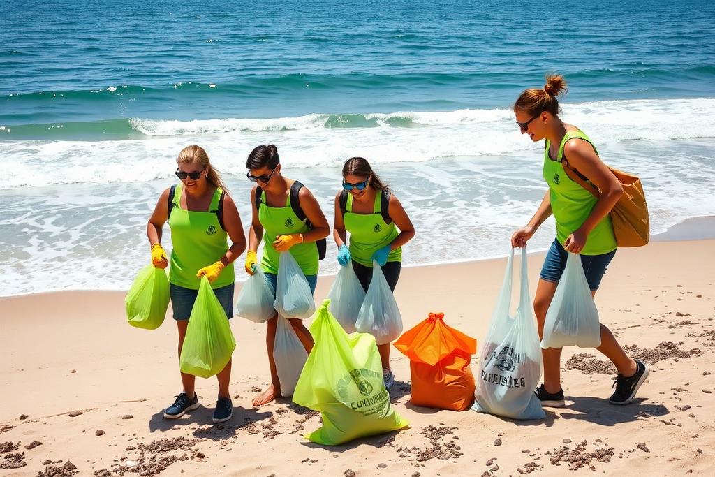 Volunteers picking up trash on a sunny San Diego beach with the ocean in the background