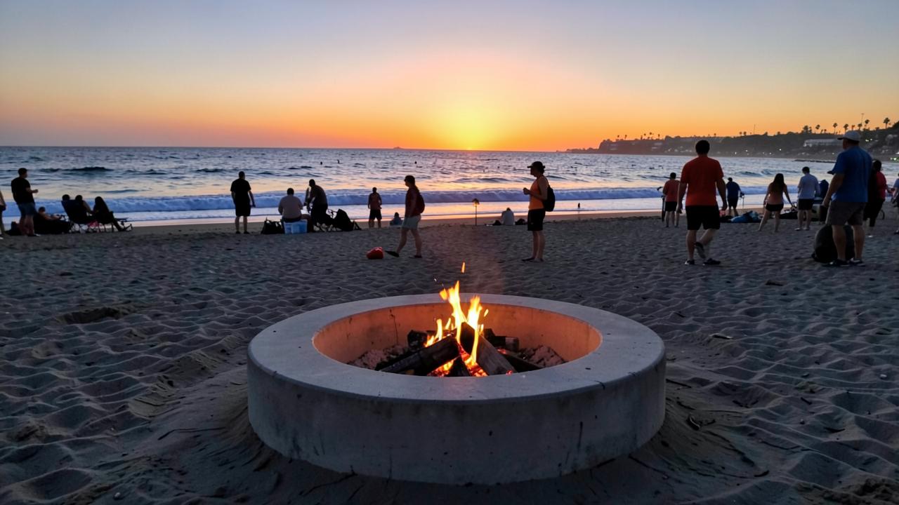 A concrete beach fire ring with a wood fire burning at sunset on a San Diego beach with the Pacific Ocean behind it