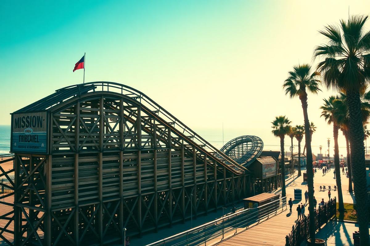 Vintage wooden roller coaster beside the Mission Beach boardwalk at Belmont Park in San Diego