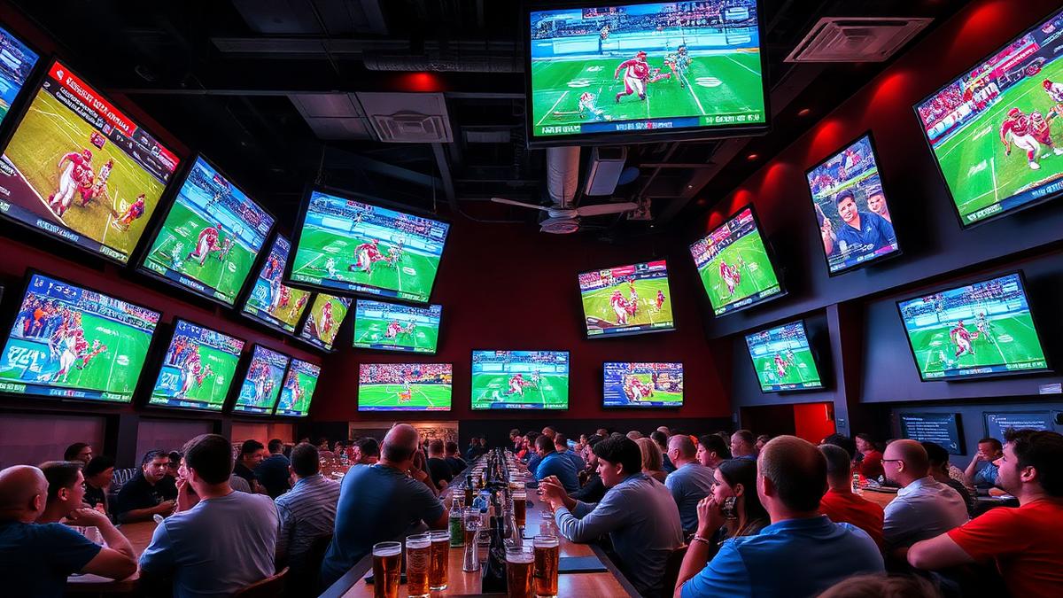 San Diego sports bar with a wall of large televisions and a crowd of fans watching games