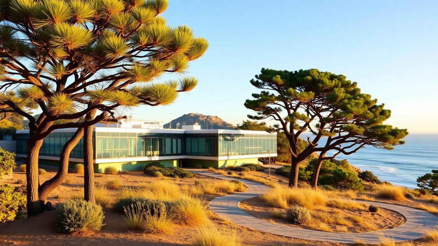 Modern low-rise glass biotech laboratory building on the Torrey Pines coastal mesa framed by Torrey pine trees with the Pacific Ocean behind