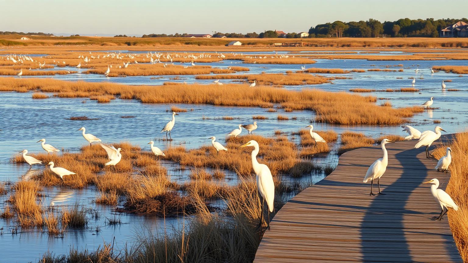 Egrets and shorebirds feeding in a San Diego coastal salt marsh at golden hour beside a boardwalk