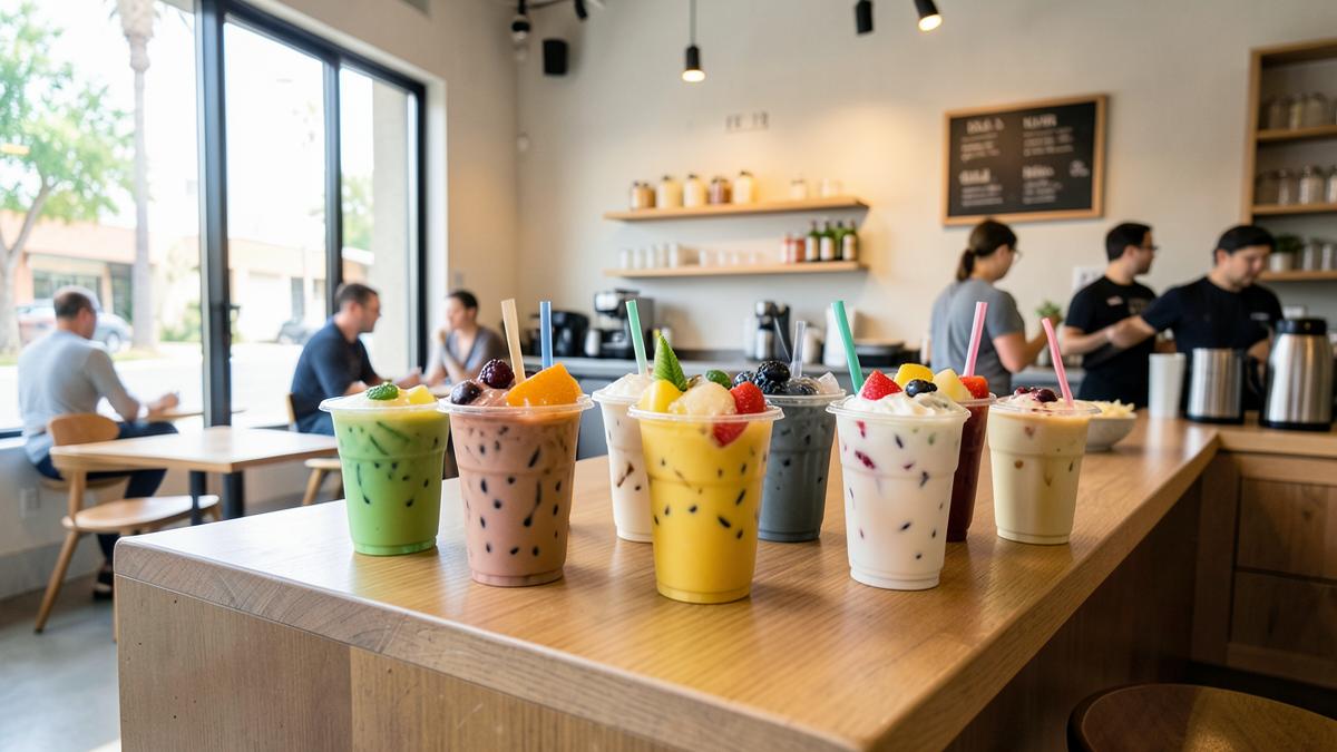 Row of colorful boba milk teas with tapioca pearls on a counter at a San Diego tea shop