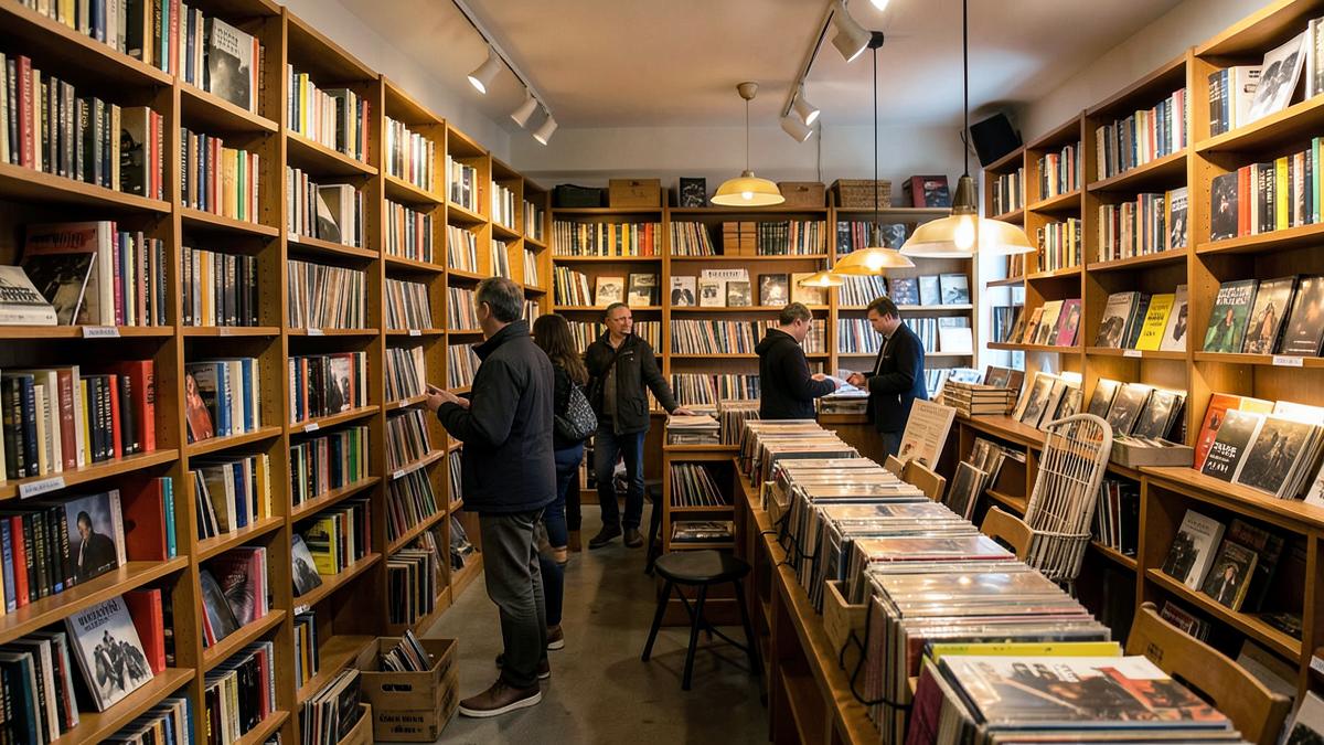 Independent bookstore and record shop interior in San Diego with tall shelves of books and crates of vinyl