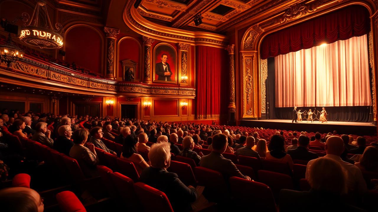 Audience seated in an ornate theater watching a Broadway touring show with the stage lit and curtain open