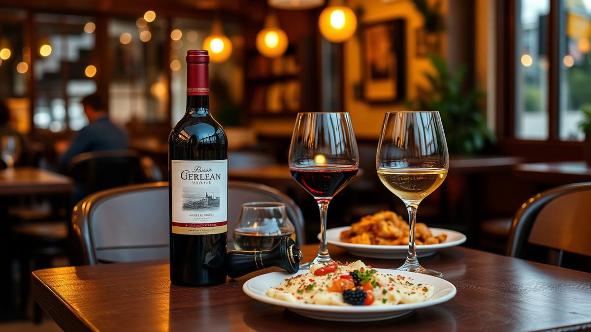 Bottle of wine brought from home on a San Diego restaurant table with two poured glasses