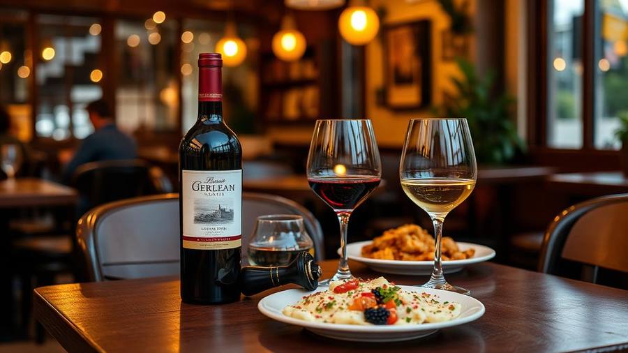 Bottle of wine brought from home on a San Diego restaurant table with two poured glasses