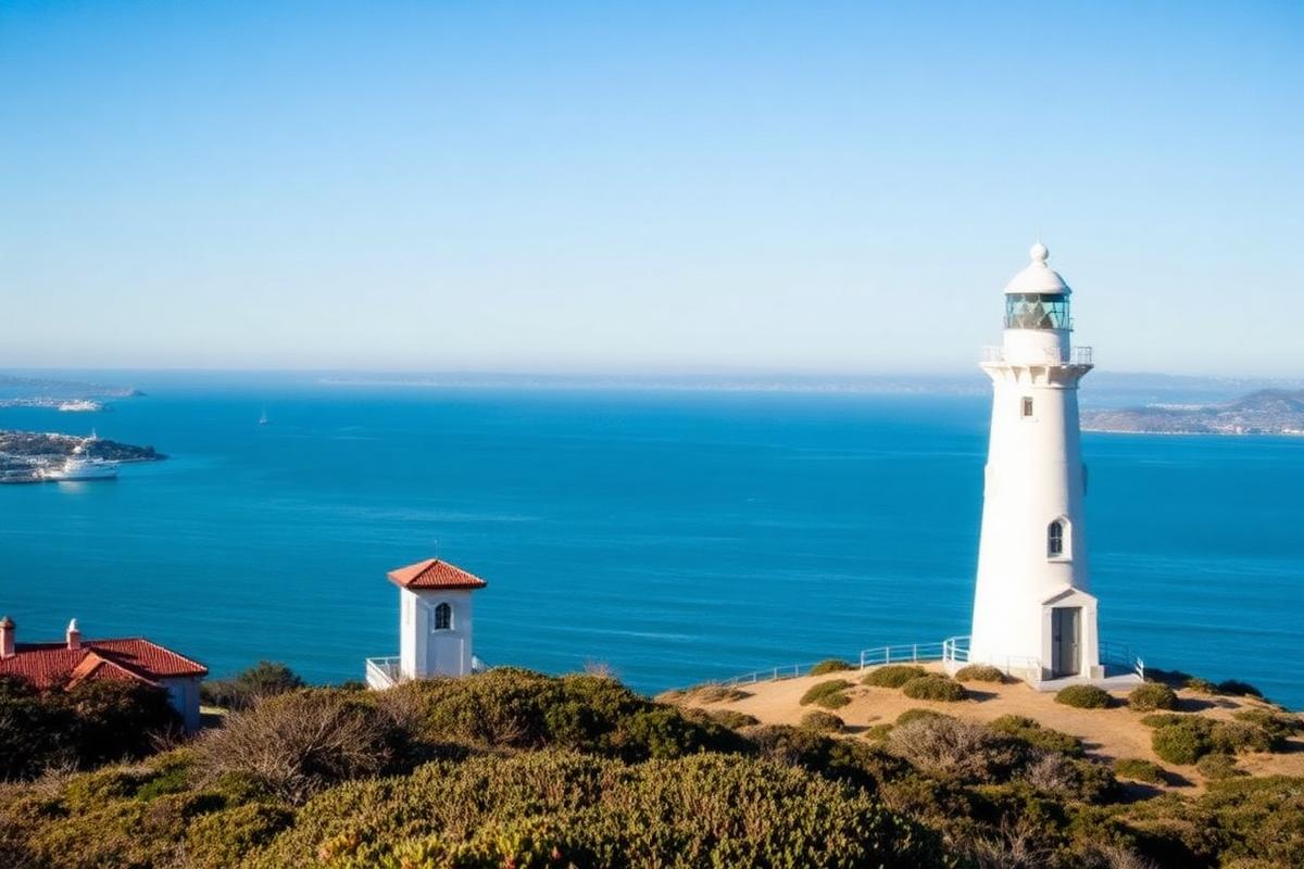 Historic Old Point Loma Lighthouse on a bluff above San Diego Bay and the Pacific Ocean