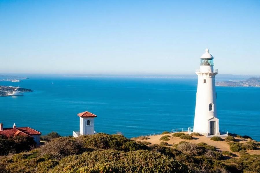 Historic Old Point Loma Lighthouse on a bluff above San Diego Bay and the Pacific Ocean