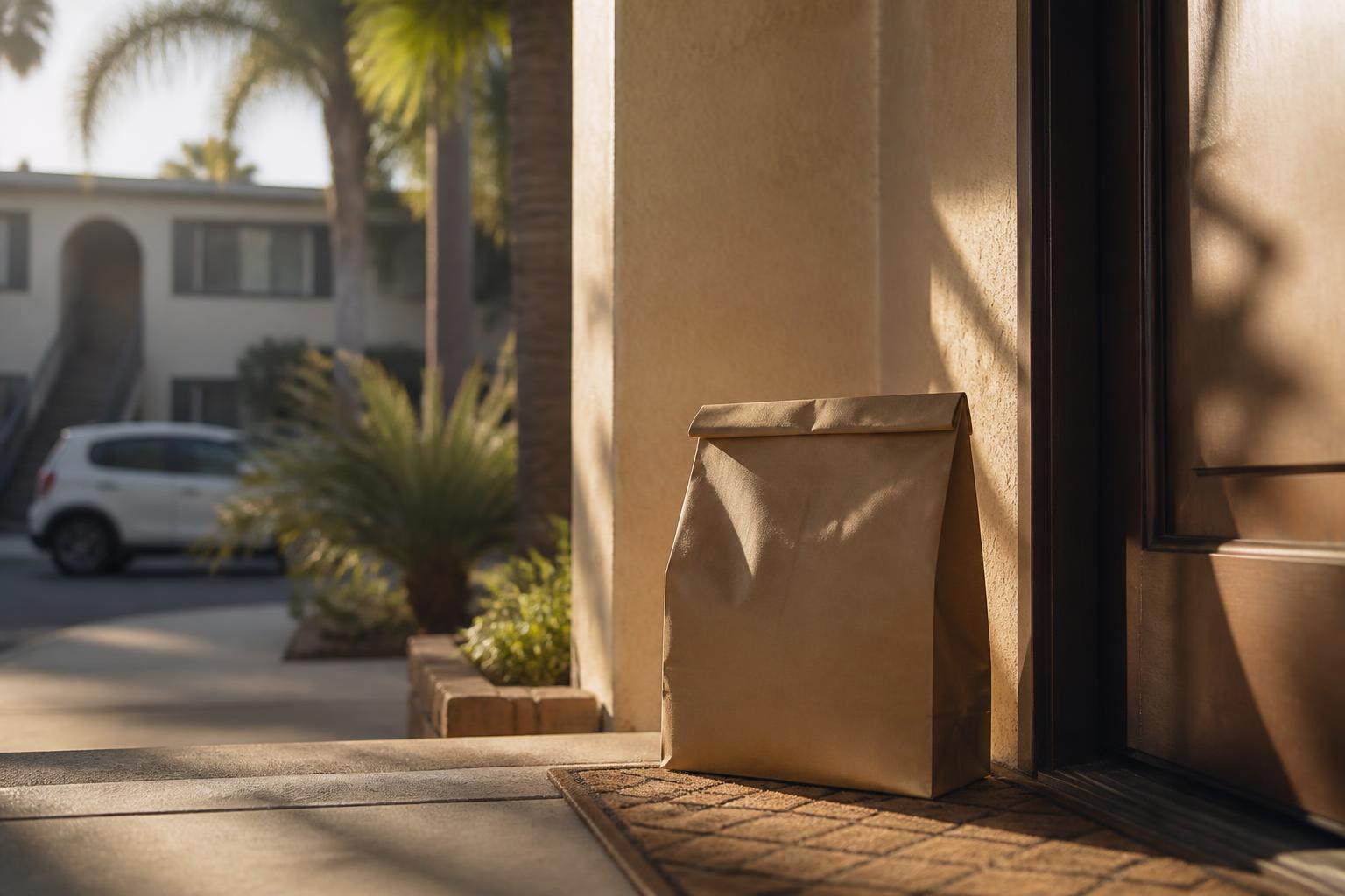 Plain paper delivery bag on a San Diego apartment doorstep at golden hour with palm shadows