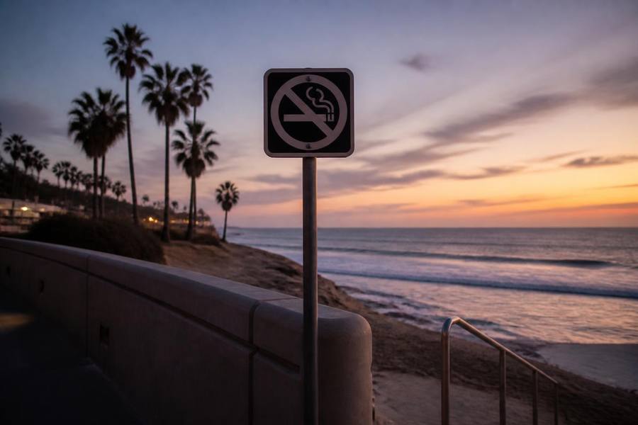 No-smoking sign on a San Diego coastal boardwalk at sunset with palm trees and ocean waves behind