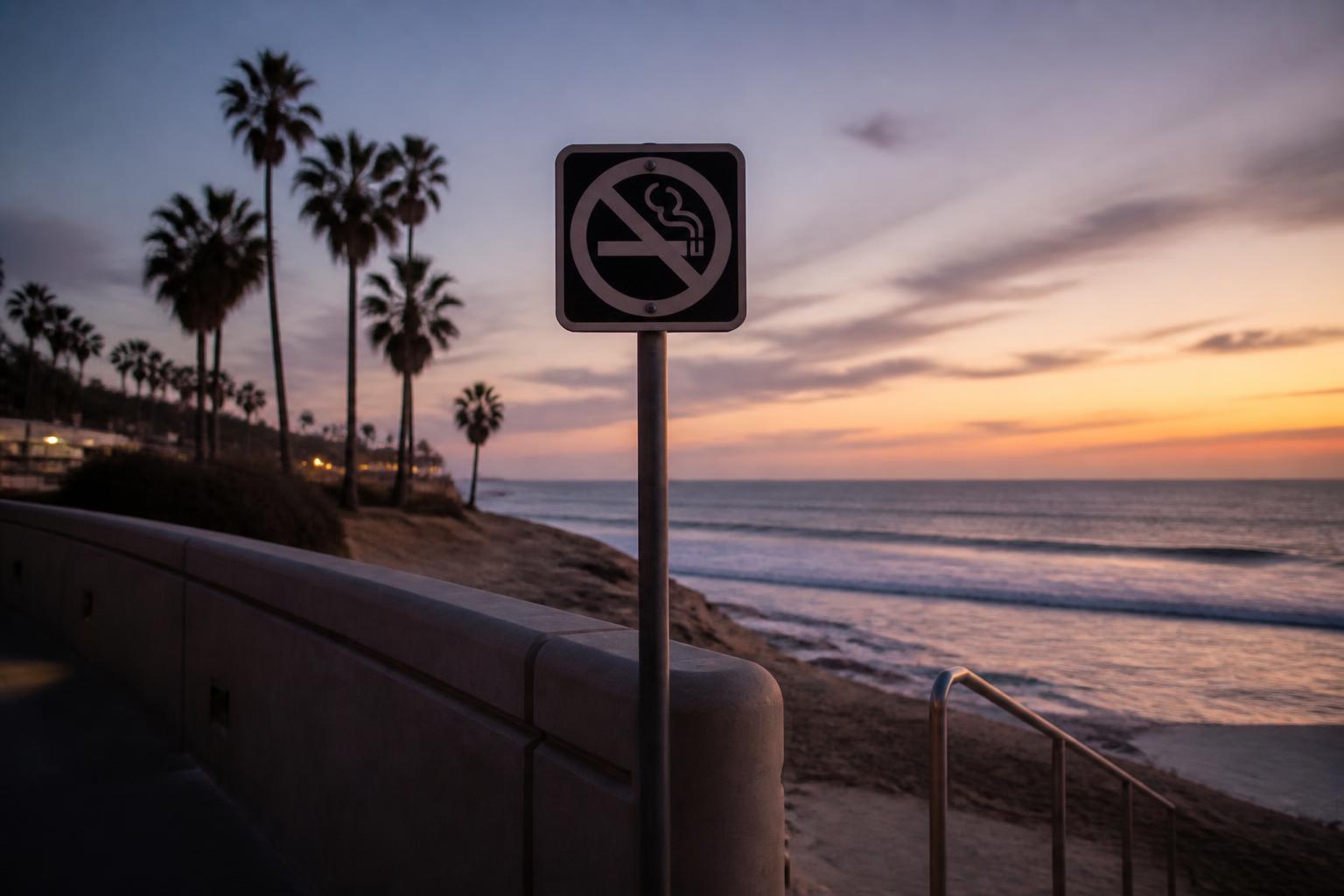 No-smoking sign on a San Diego coastal boardwalk at sunset with palm trees and ocean waves behind
