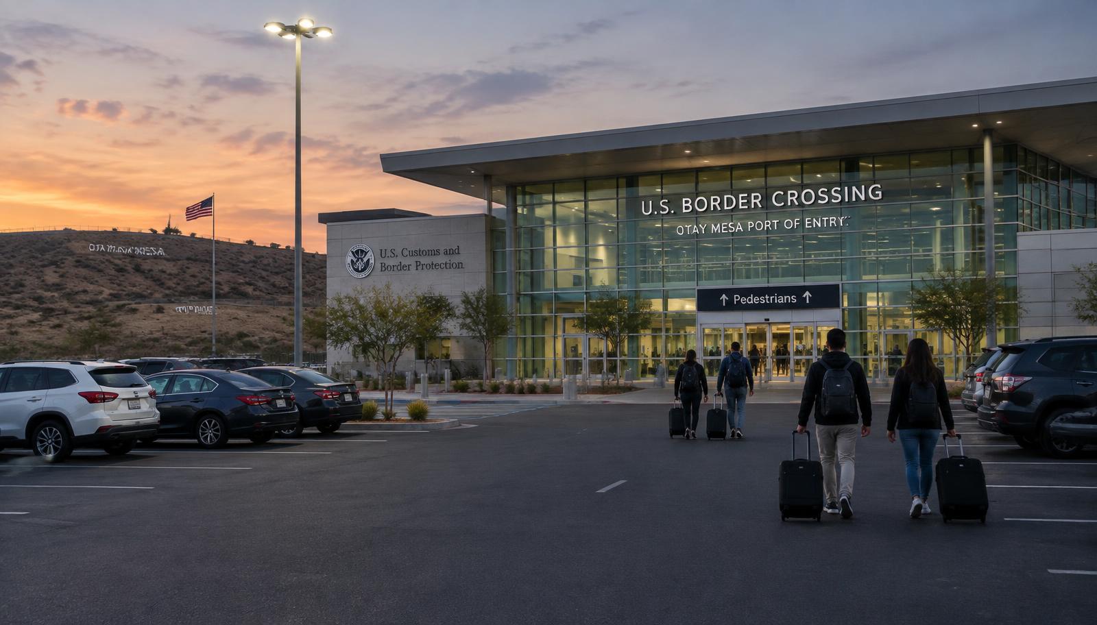 Cars parked outside a modern border crossing terminal at dusk in Otay Mesa
