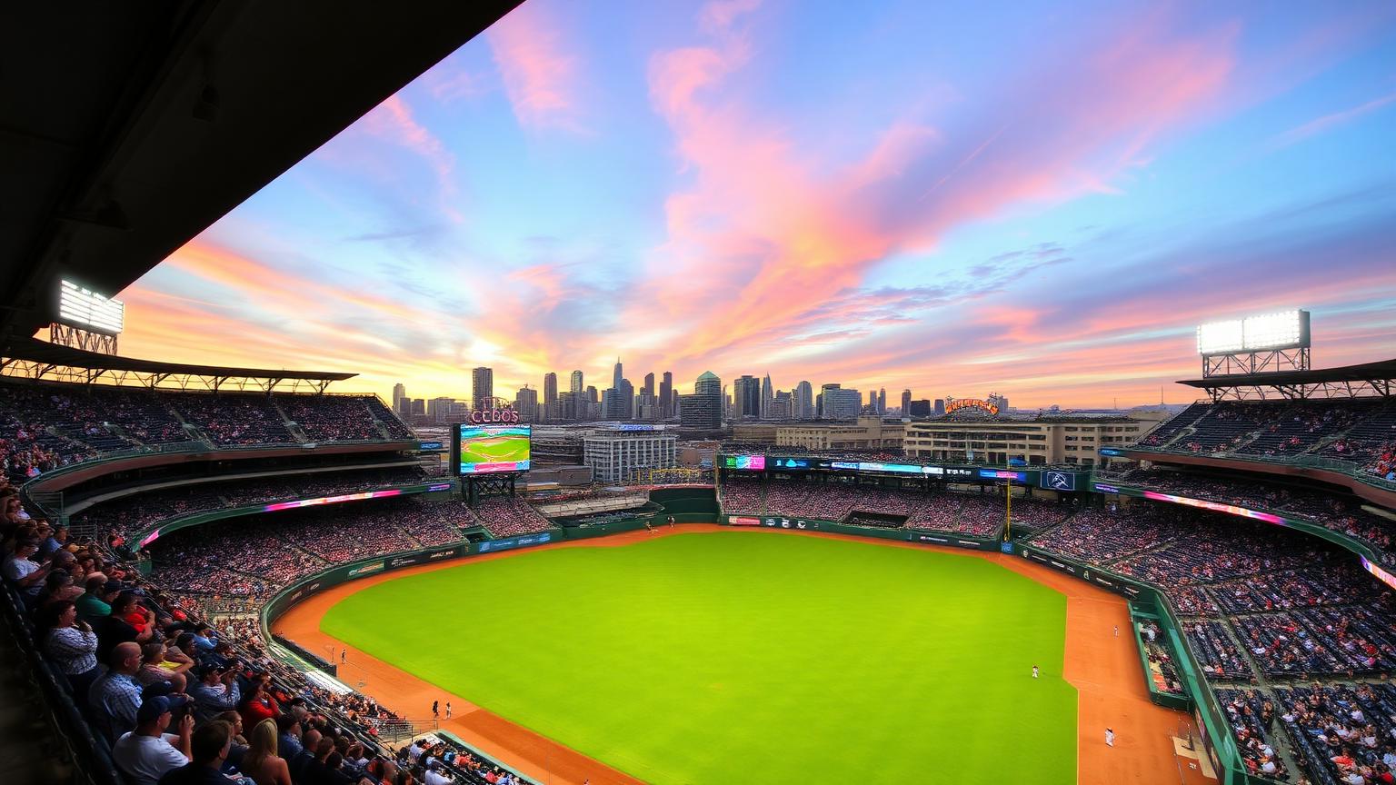 View from upper deck seats of a San Diego ballpark at sunset with the downtown skyline beyond the outfield