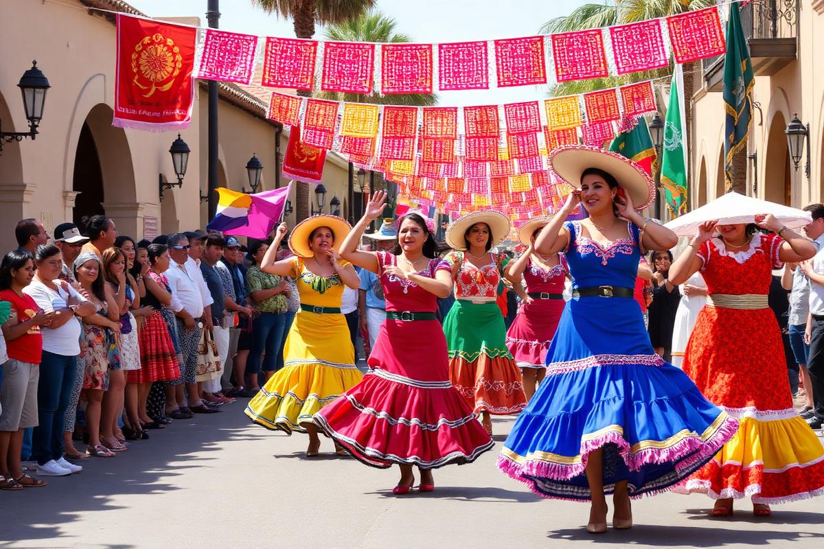 Folklorico dancers in colorful dresses performing at an Old Town San Diego Cinco de Mayo street celebration